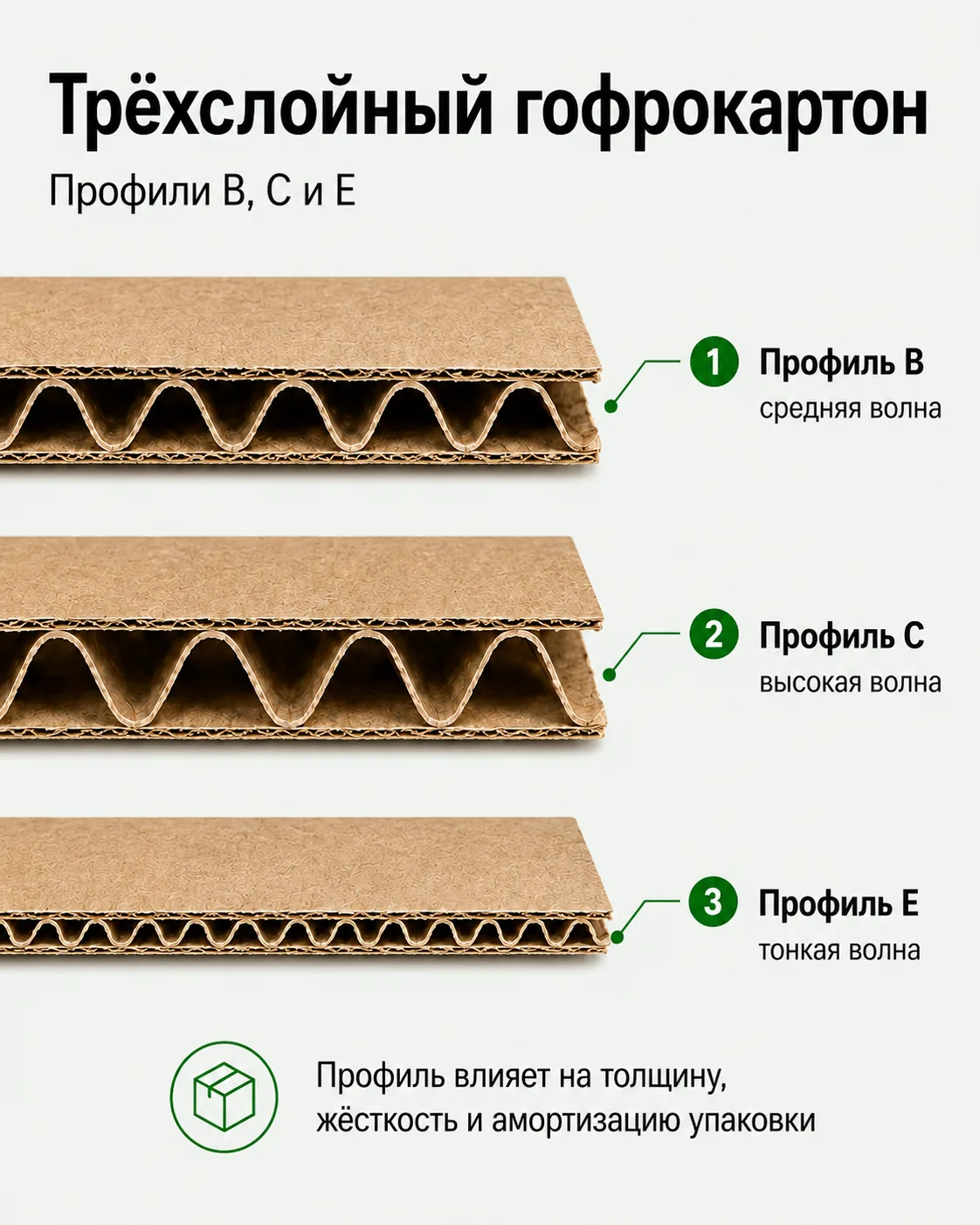Профили трёхслойного гофрокартона B, C и E